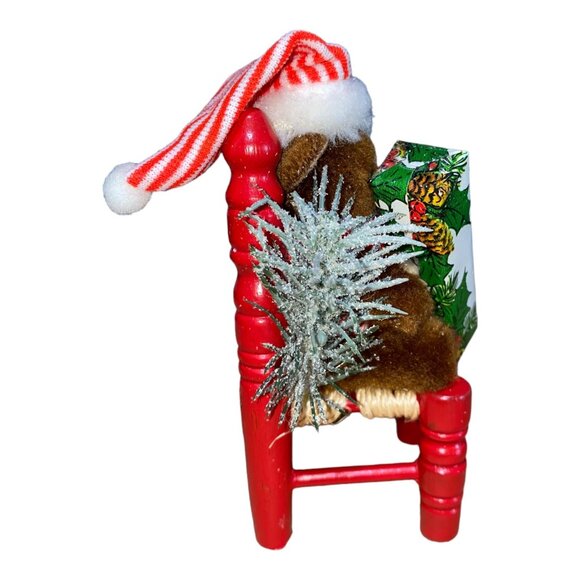 Handcrafted Teddy Bear Christmas Decoration On Red Chair With Festive Details - Picture 5 of 7